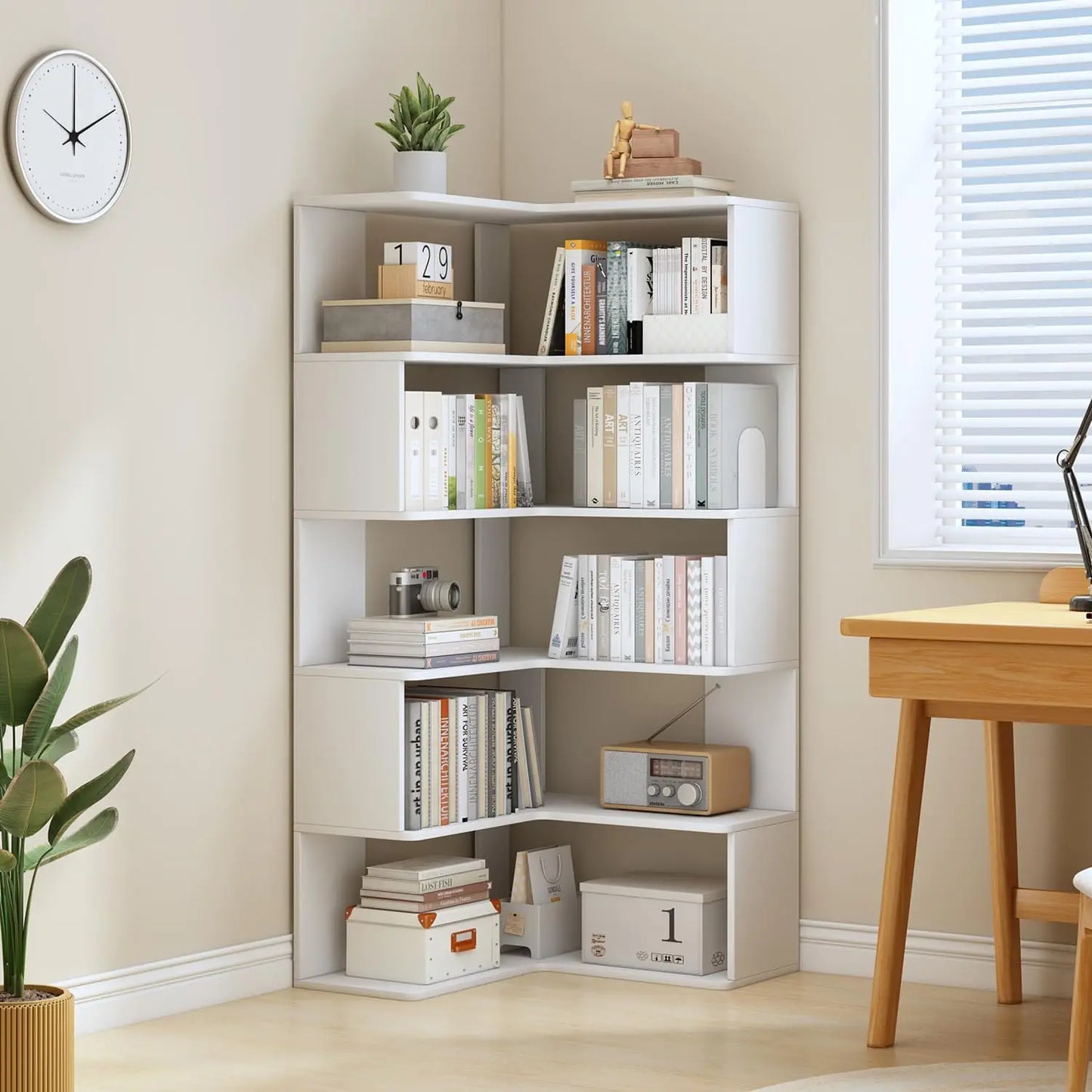6-Tier L-Shaped Corner Bookshelf - 66" Tall Wooden Freestanding Bookcase with Open Shelf Units, White