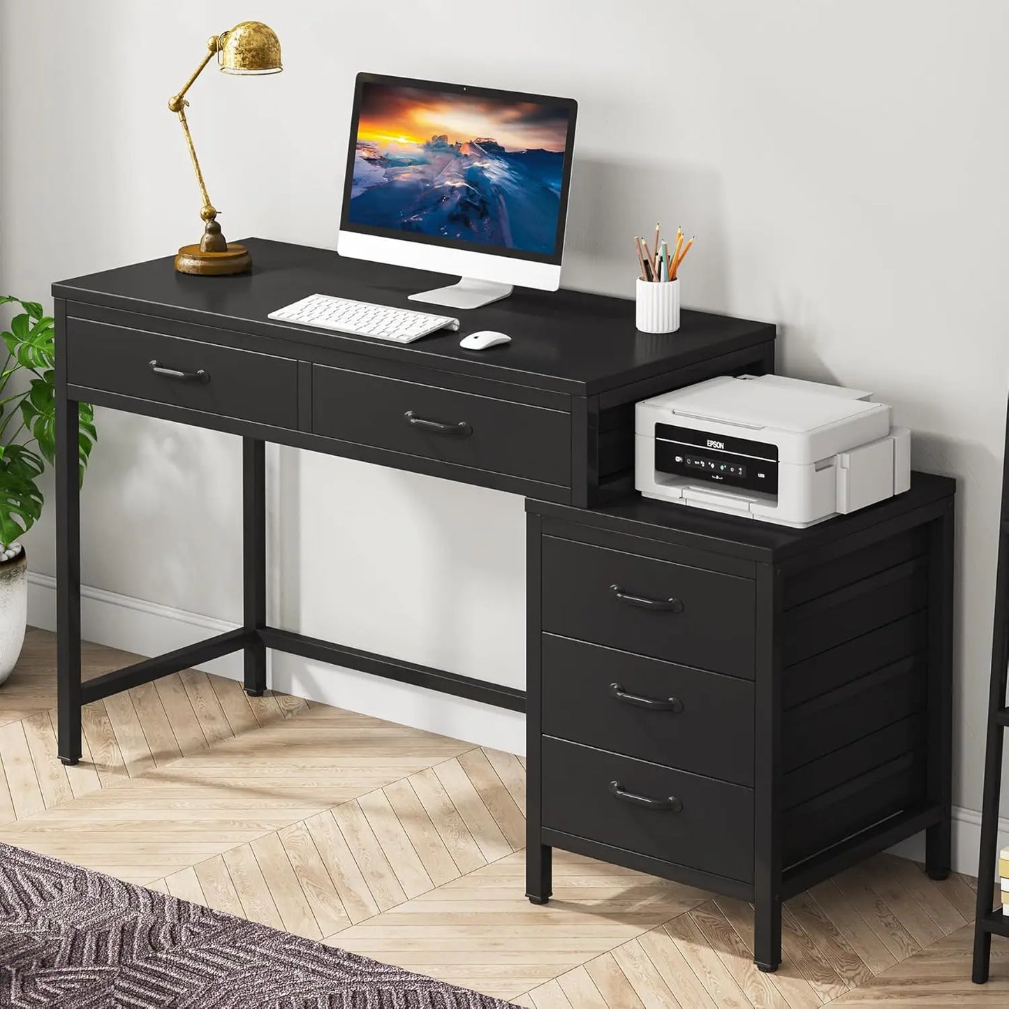 Computer Desk with 5 Drawers, Home Office Desks with Reversible Drawer Cabinet Printer Stand, Industrial PC Desk with Storage