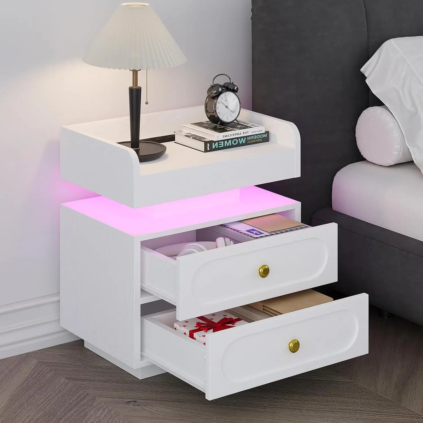 White Nightstand with Adjustable LED Lights and Charging Station Modern Bedside Table with 2 Drawers End Table for, Customized