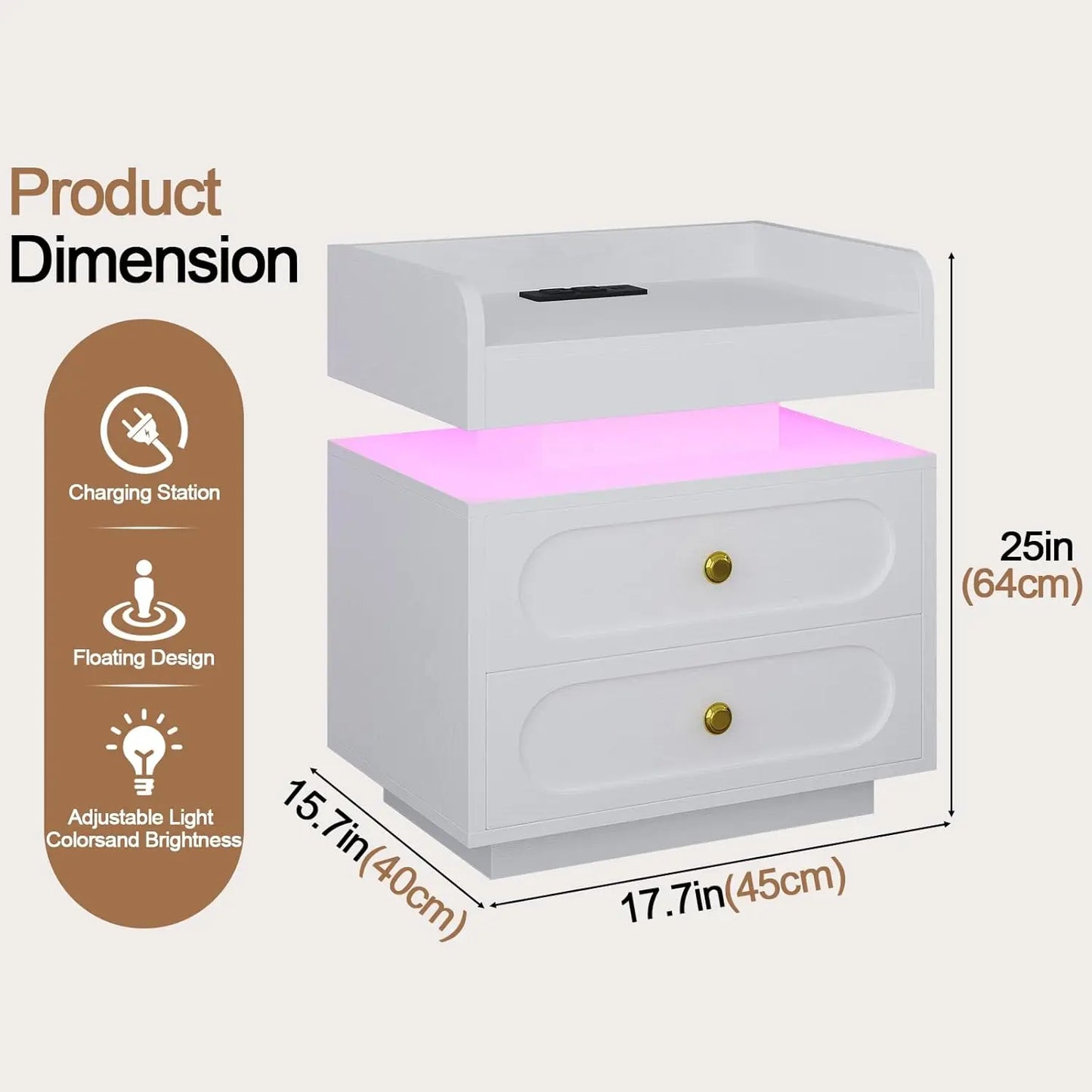 White Nightstand with Adjustable LED Lights and Charging Station Modern Bedside Table with 2 Drawers End Table for, Customized