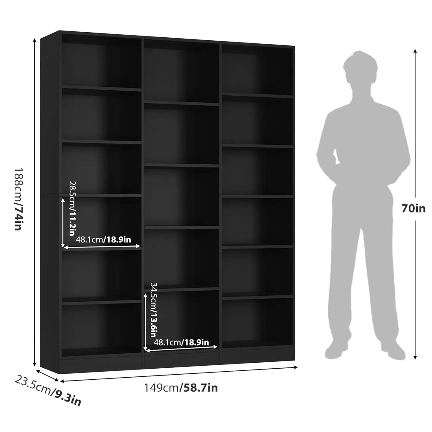 Triple Wide Bookshelf, 6 Tier Large Bookshelf, Bookcase with 17 Open Display Shelves, 74'' Tall Bookcases and, Customized