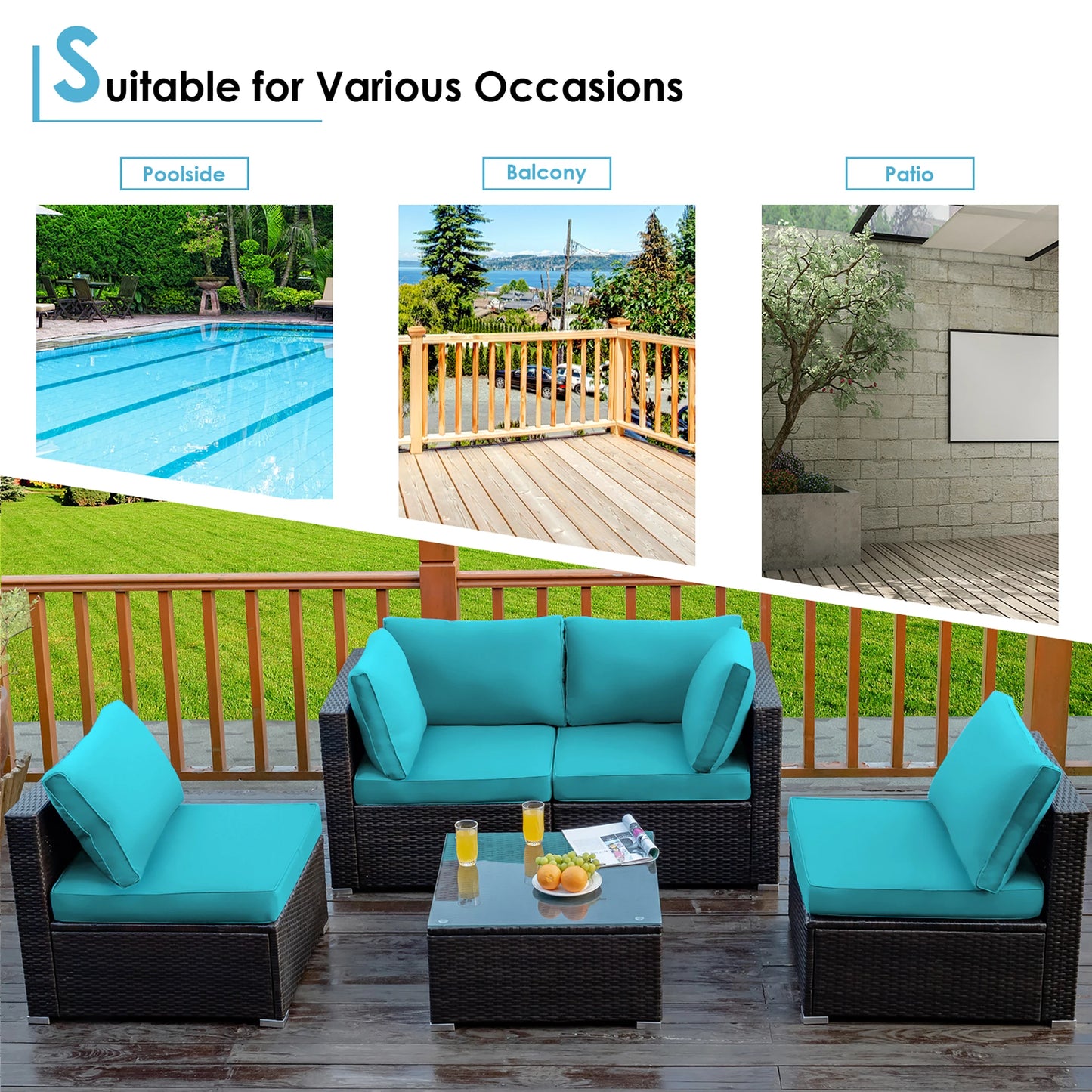 5PCS Patio Rattan Furniture Set Cushioned Sofa Chair TeaTableTurquoise