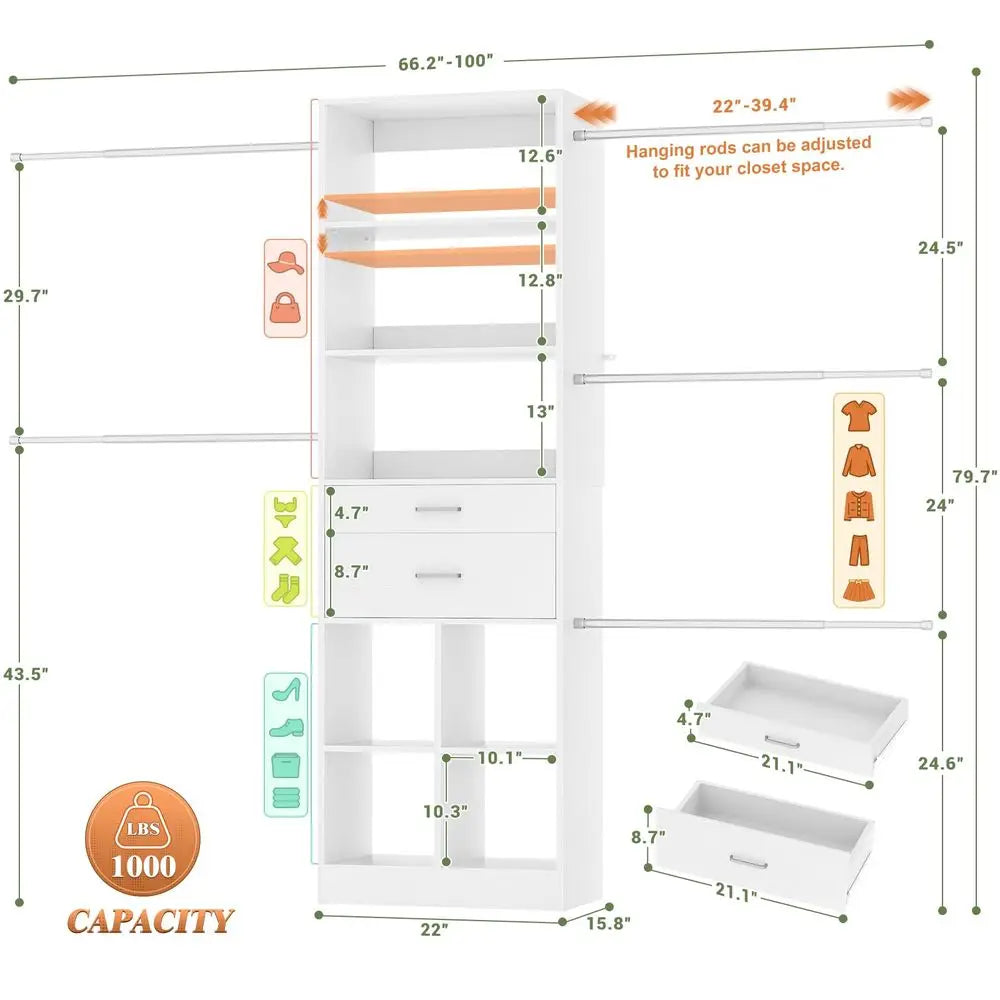 System, 48 FT Closet Organizer Tower with 2 Wooden Drawers and 5 Hanging Rods, Can Fit 60 to 96 inch Walkin Closet System, Whit