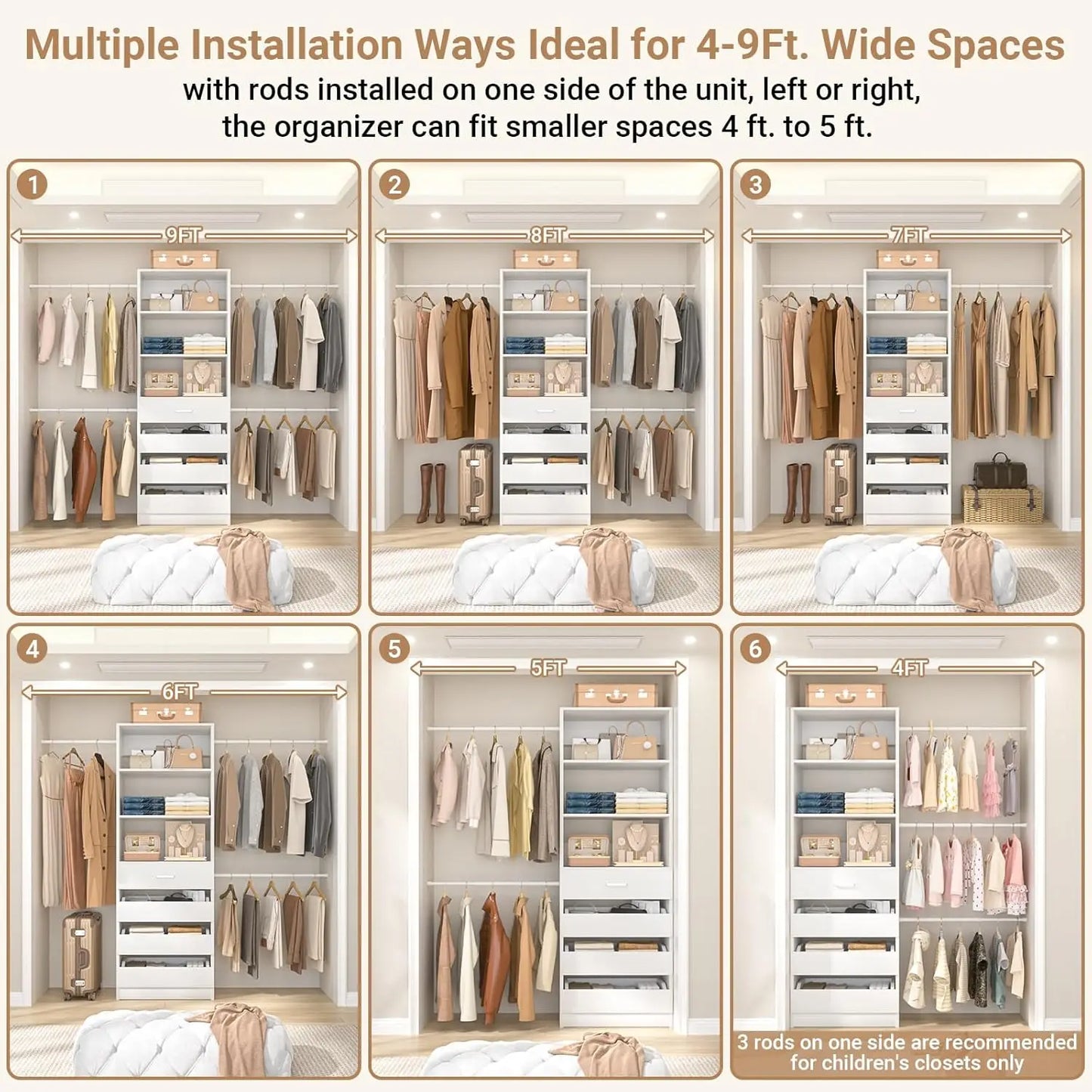 Closet System, 4-9Ft Closet Organizer with 4 Wooden Drawers, Wood Closet Organizer System with Tower, Walk-in, Customized