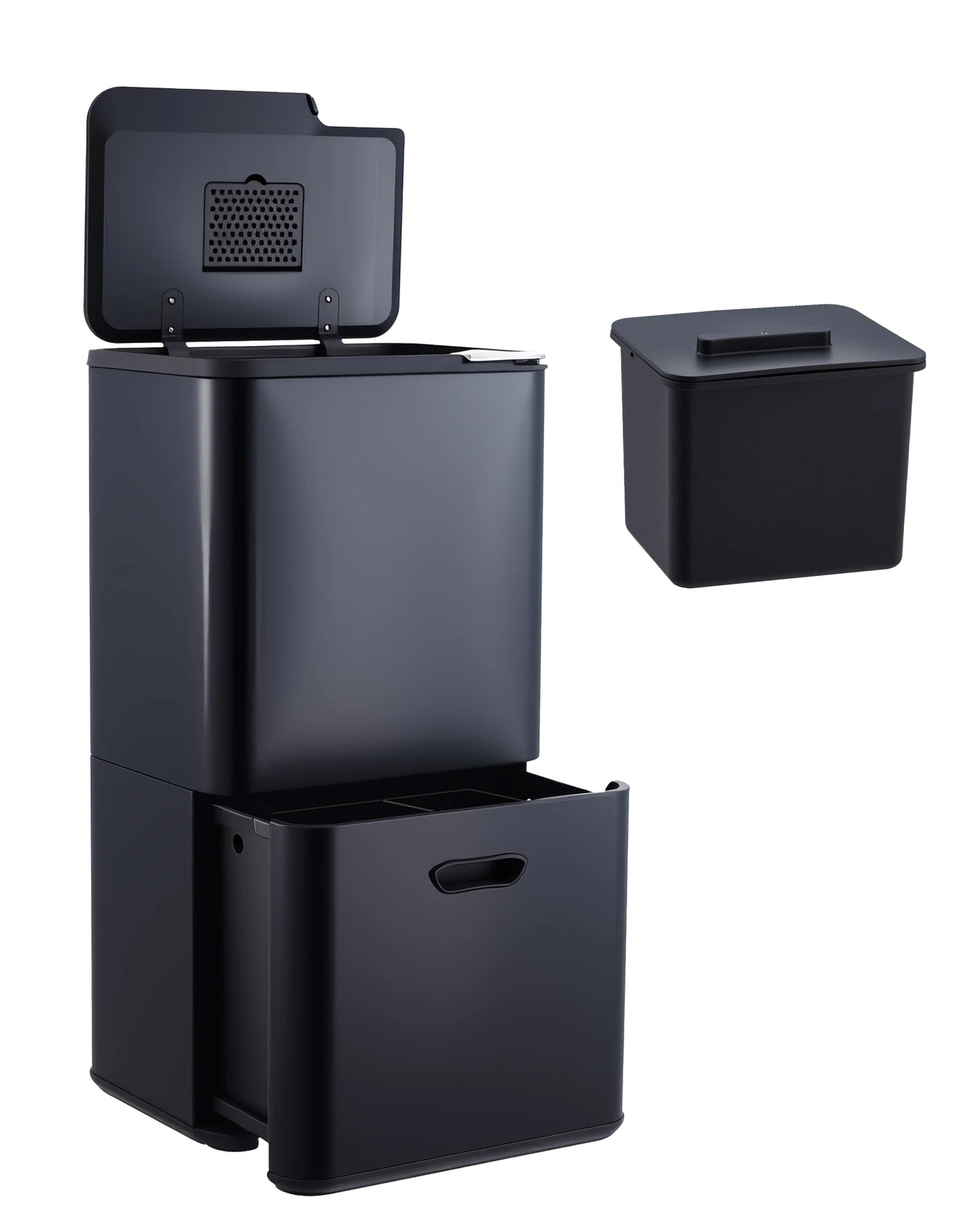 16 Gal Dual Trash Can for Kitchen with Compost Bin, 2 Compartment (33L + 28L) Stainless Steel Recycling Bin Combo, Garbage Can with Removable Inner Buckets for Home Office