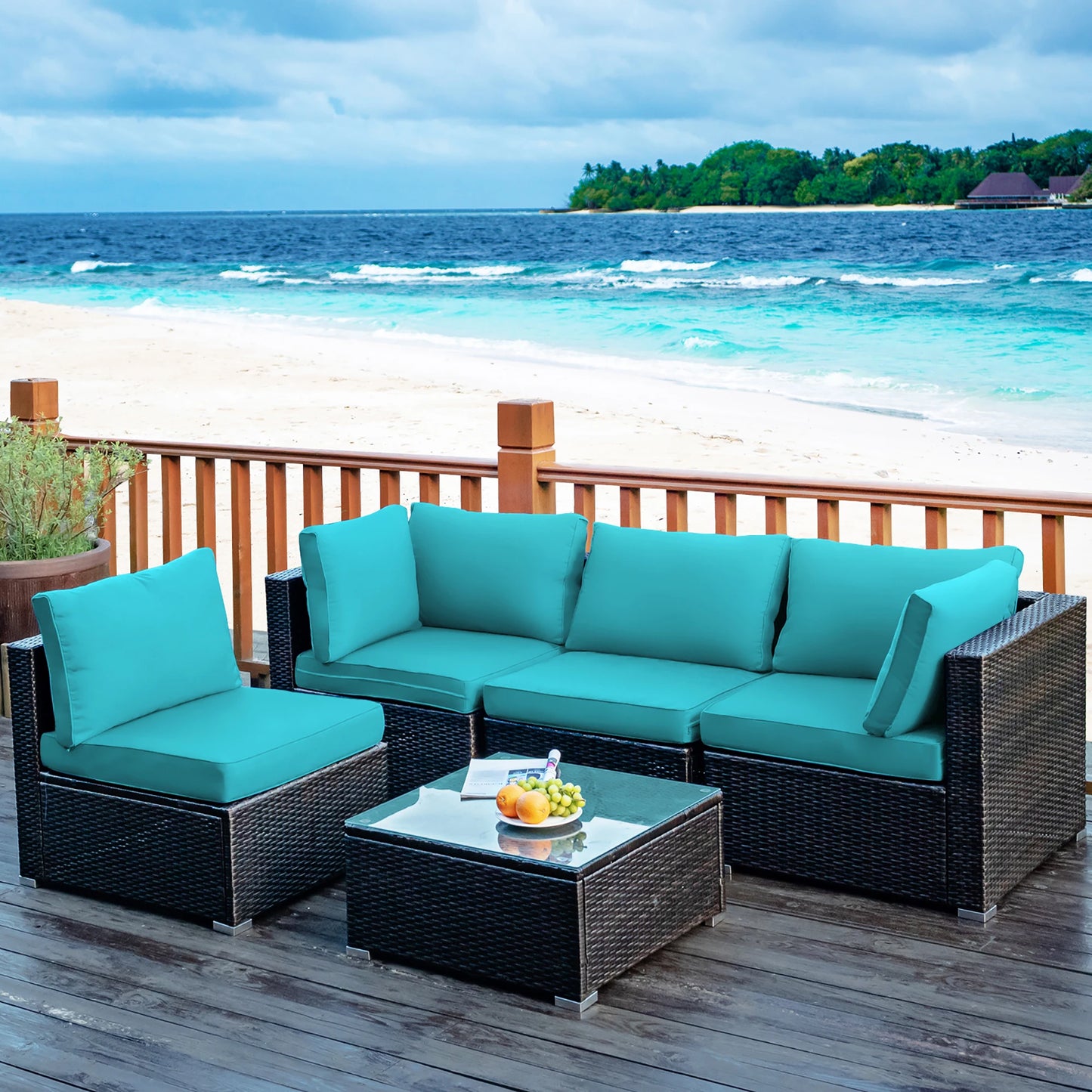 5PCS Patio Rattan Furniture Set Cushioned Sofa Chair TeaTableTurquoise