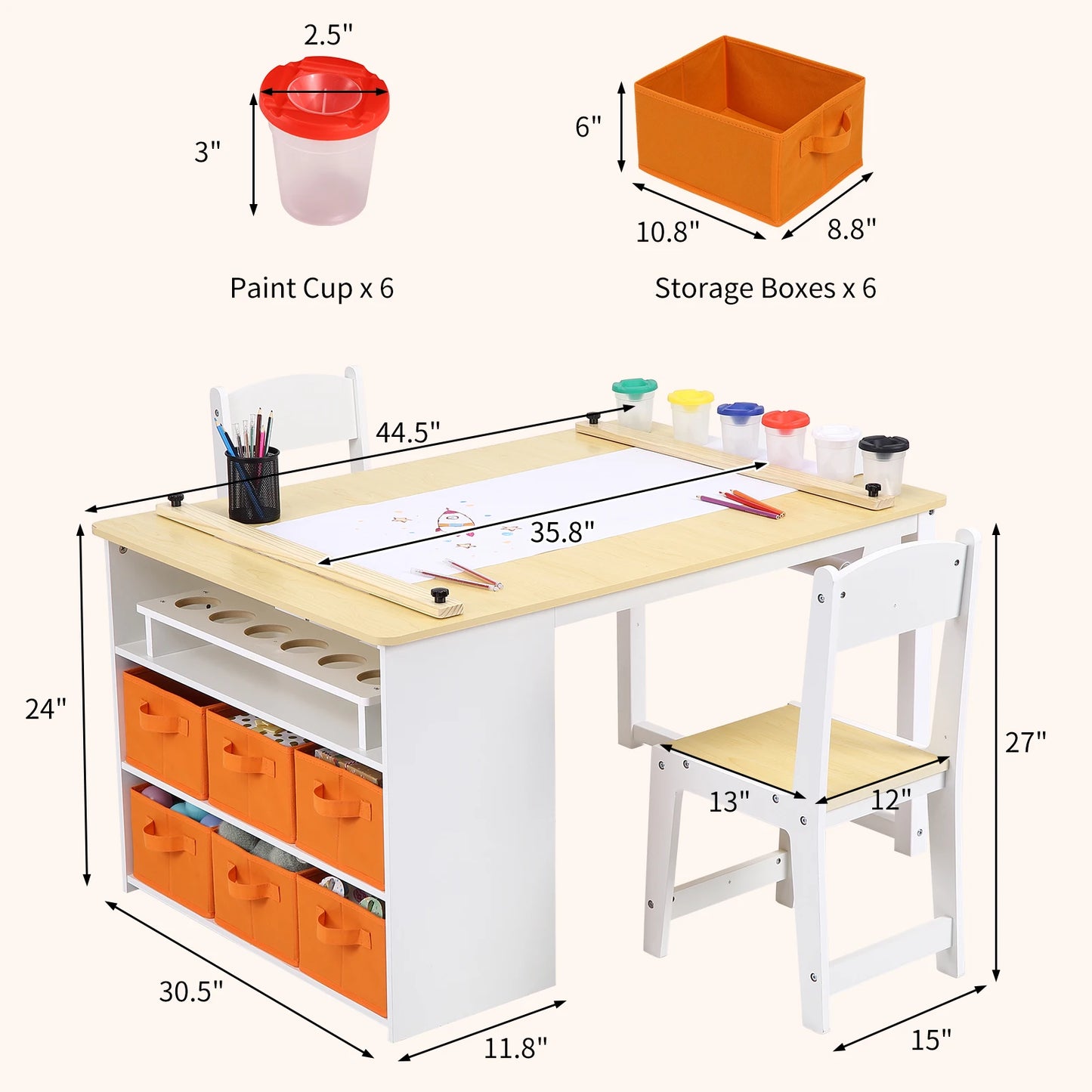 Kids Art Table and 2 Chairs,Toddler Craft and Play Wood Activity Table with Storage Bins, Drawing Desk, Study Table & Crafts for