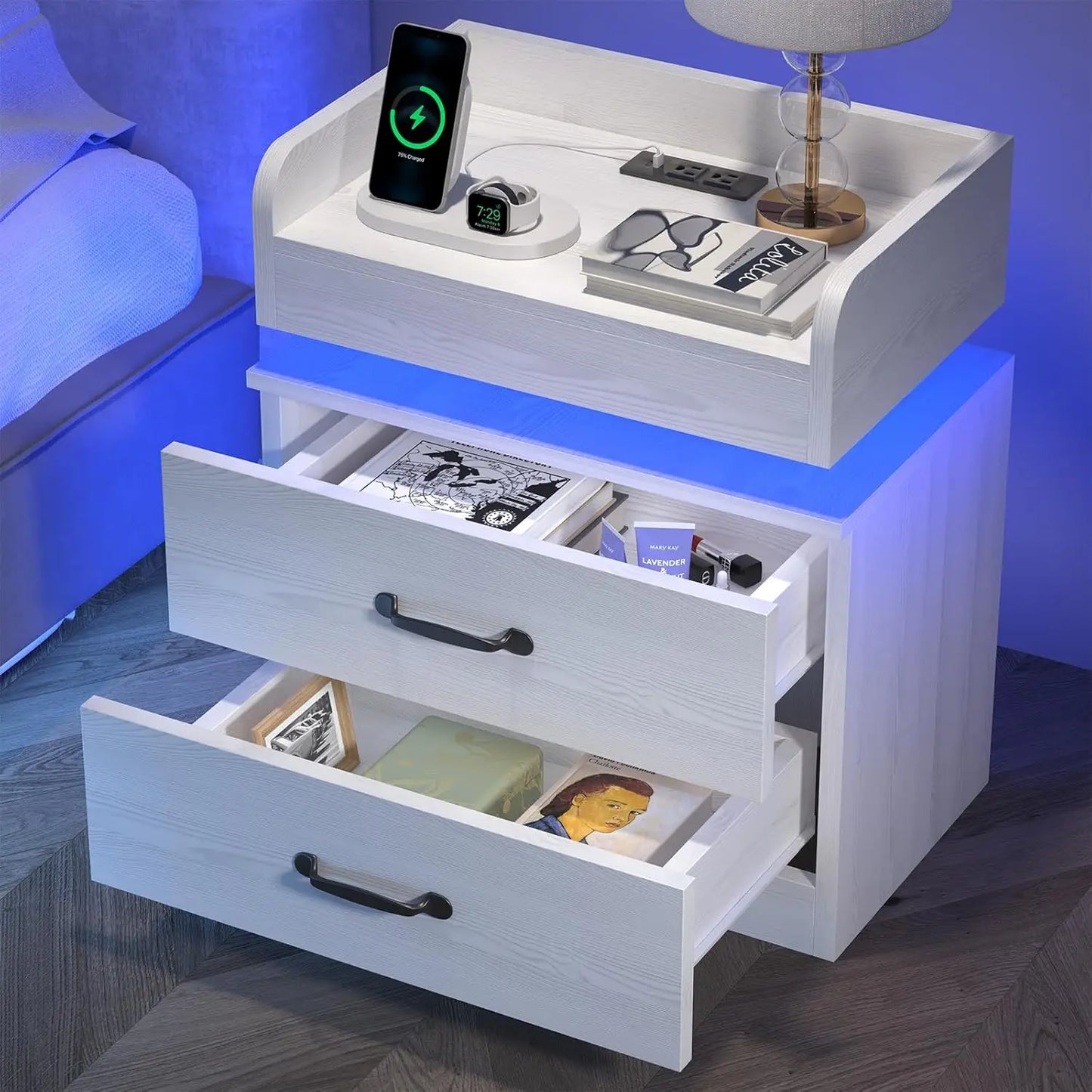 White Nightstand with Adjustable LED Lights and Charging Station Modern Bedside Table with 2 Drawers End Table for, Customized