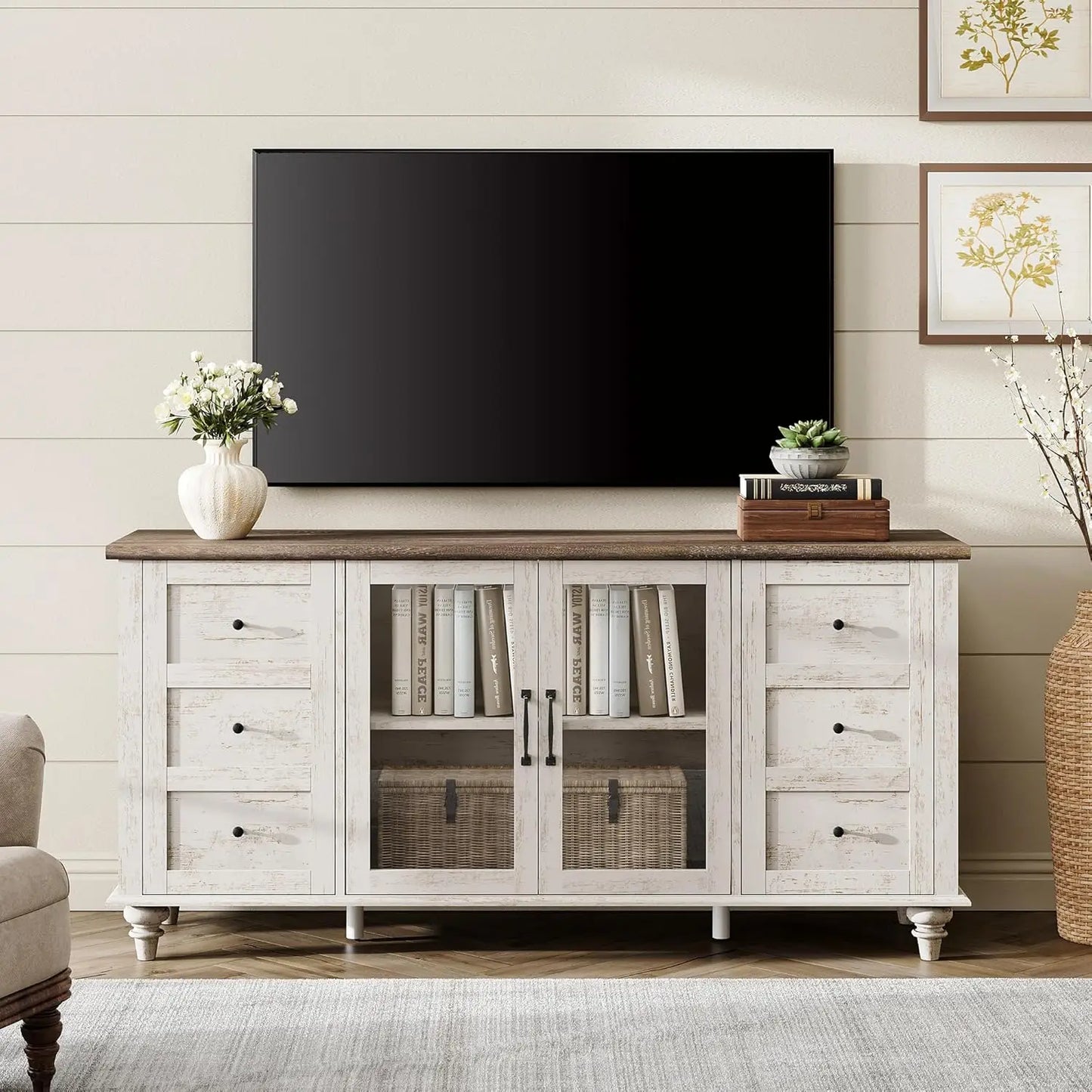 Farmhouse TV Stand for TVs up to 65 Inch Wood Console Table with Storage Cabinets And Glass Door Entertainment Customized