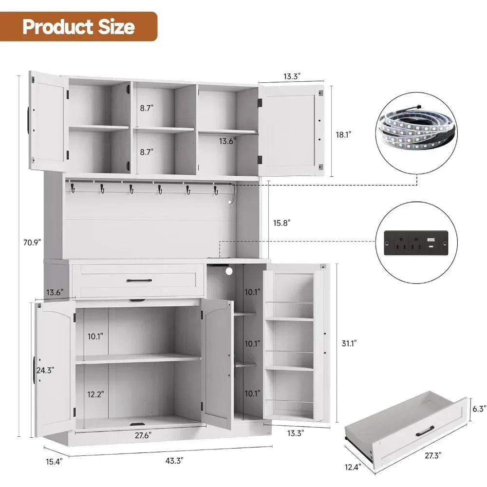Kitchen Pantry Cabinet with LED Light And Outlet - Storage Hutch with Microwave Shelf And 6 Hooks for Kitchen Customized