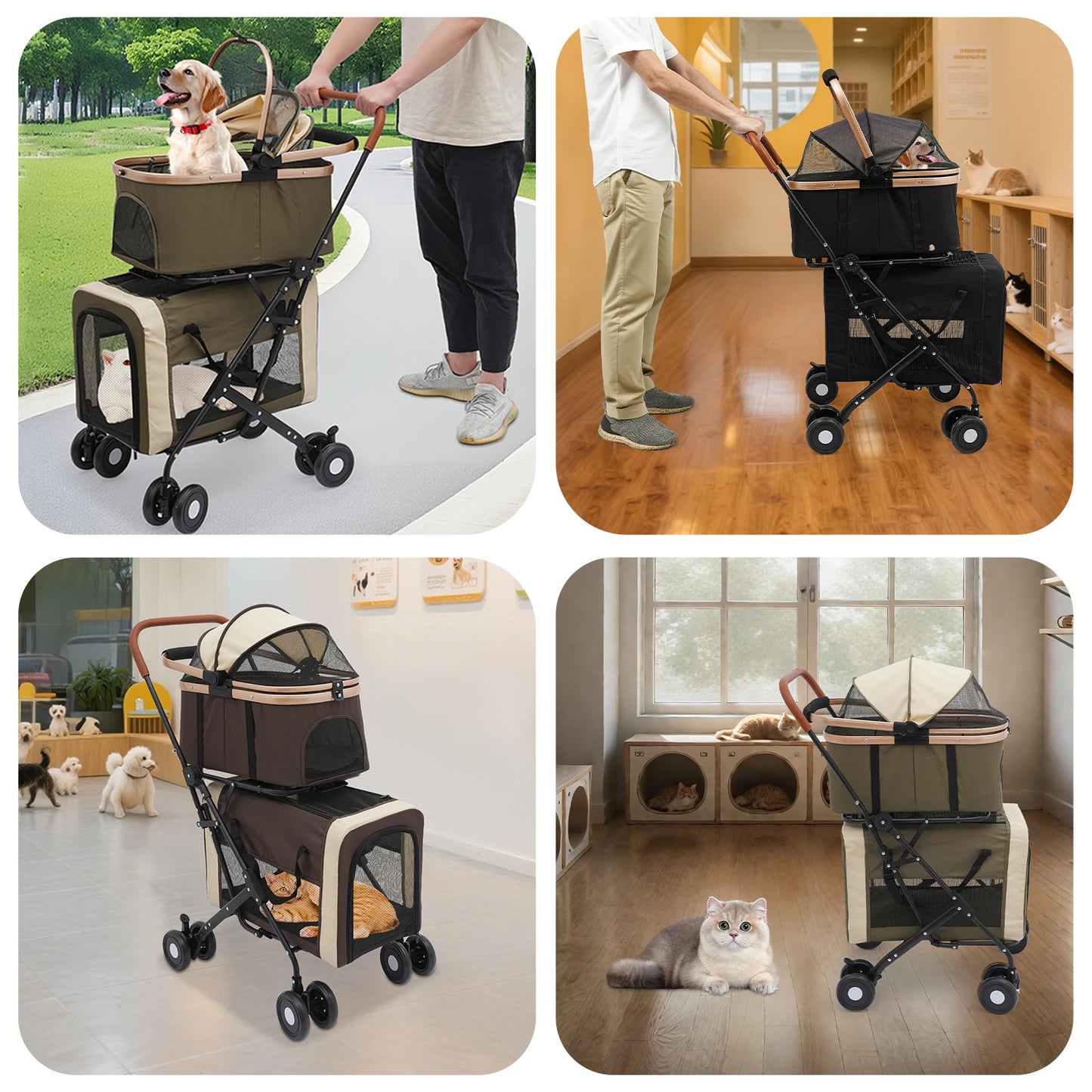 3-in-1 Multifunctional Pet Stroller Foldable Pet Stroller with 2 Pet Carriers for Small & Medium Dogs Bearing 77lbs Safety Lock