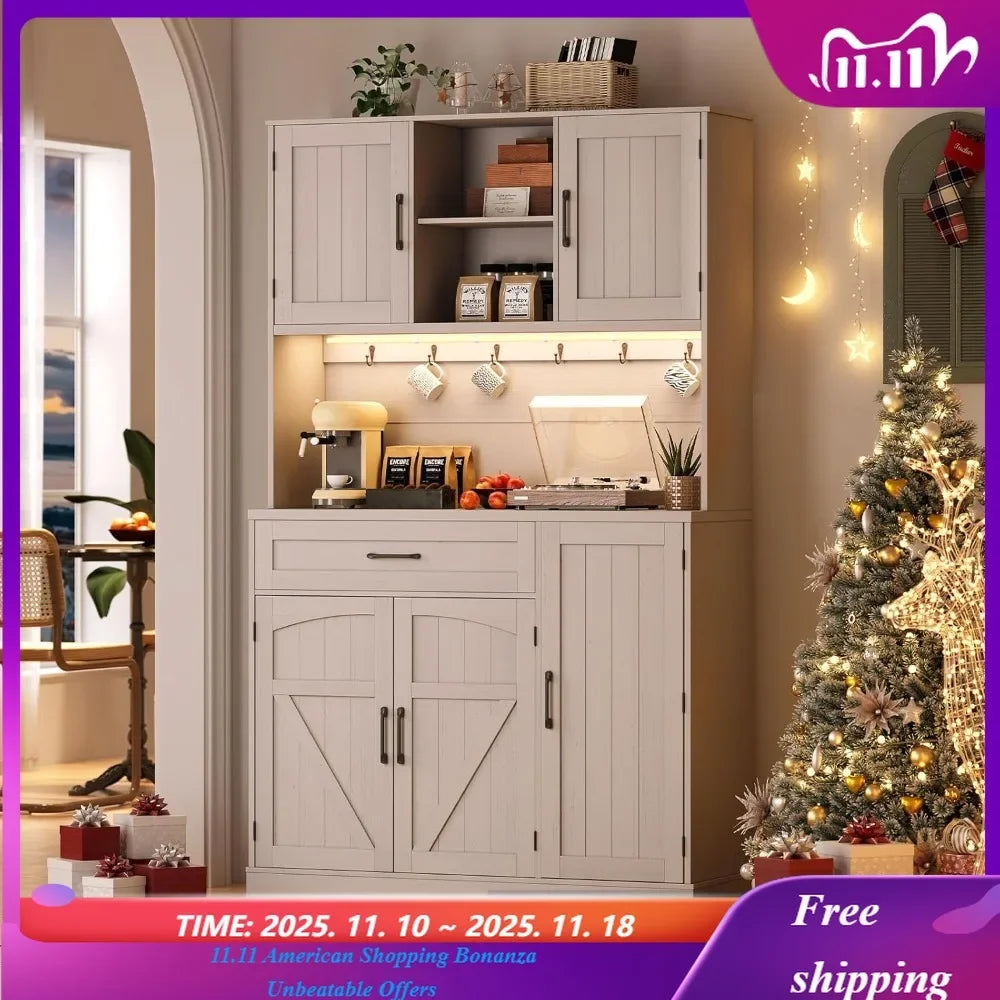 Kitchen Pantry Cabinet with LED Light And Outlet - Storage Hutch with Microwave Shelf And 6 Hooks for Kitchen Customized