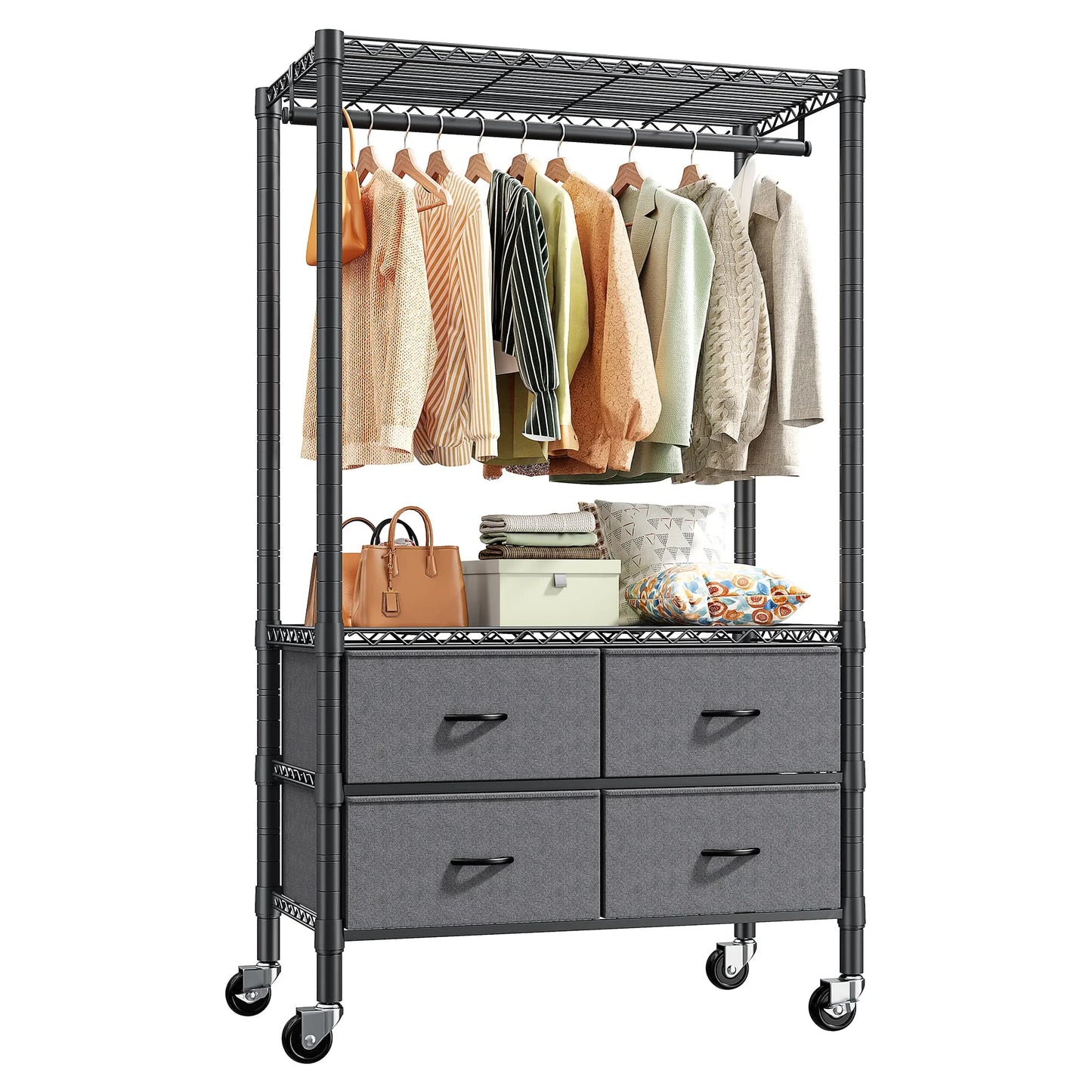EnHomee Heavy Duty Portable Garment Rack – 4 Drawers & Shelves, Sturdy & Durable – Clothing Hanger for Hanging Clothes