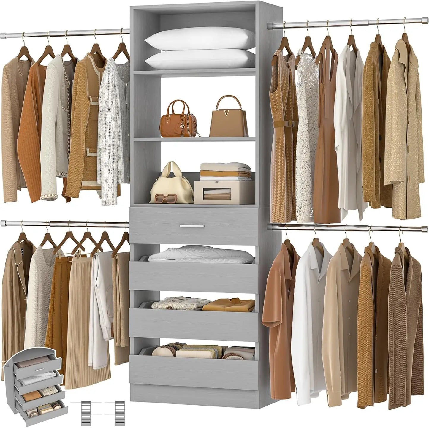 Closet System, 4-9Ft Closet Organizer with 4 Wooden Drawers, Wood Closet Organizer System with Tower, Walk-in, Customized