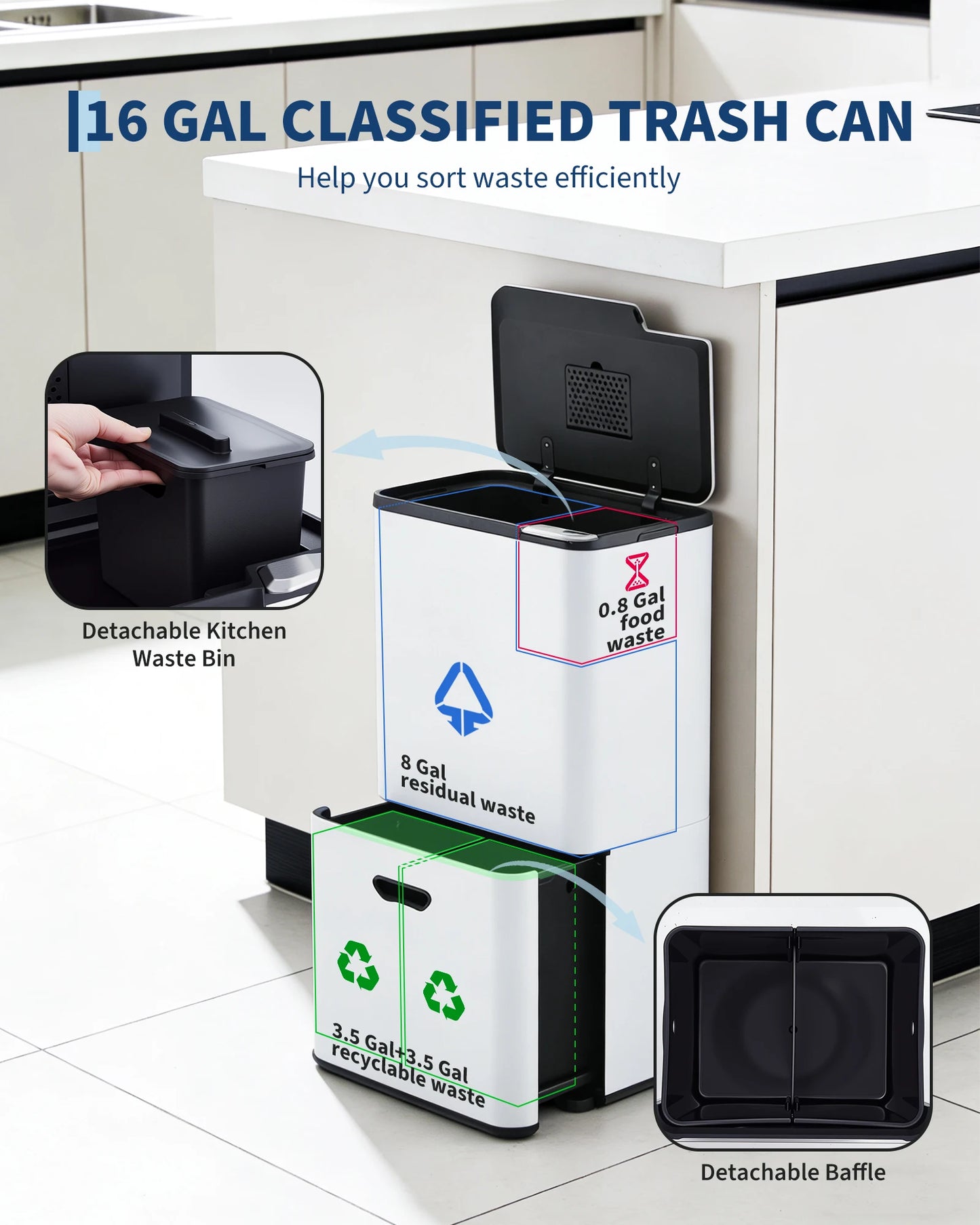 16 Gal Dual Trash Can for Kitchen with Compost Bin, 2 Compartment (33L + 28L) Stainless Steel Recycling Bin Combo, Garbage Can with Removable Inner Buckets for Home Office