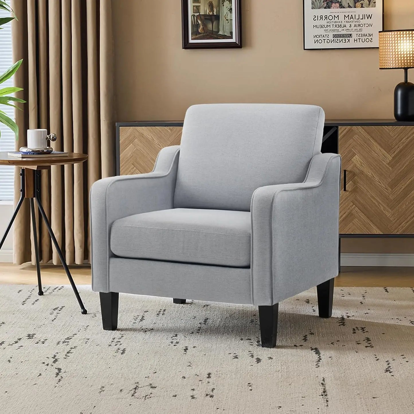 Mid Century Modern Accent Chair, Beige Fabric Accent Chairs for Living Room Upholstered Armchair Sofa with Scooped Arms