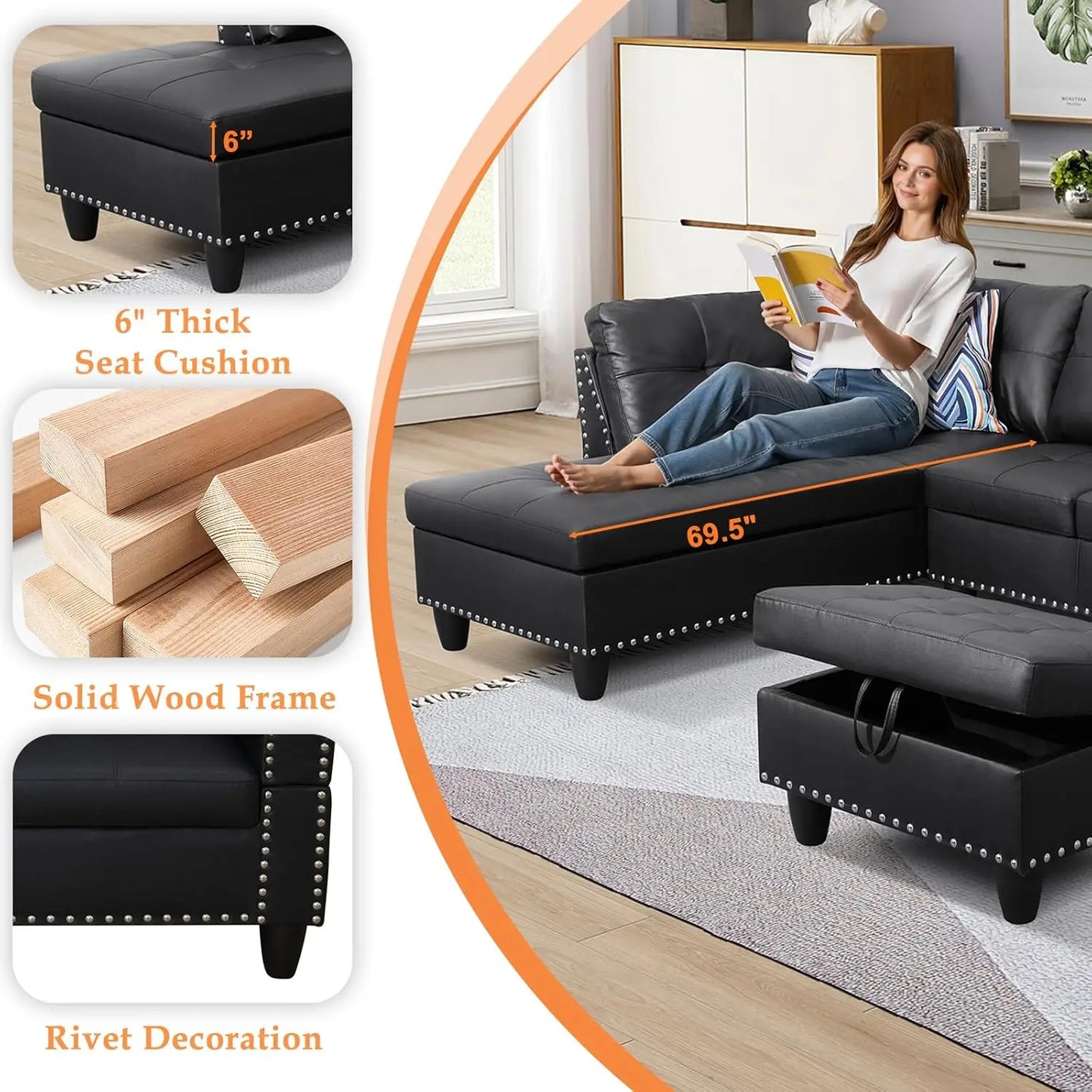 Sectional Sofa Couch, Modern 4-Seaters Living Room Furniture Sets with Chaise Lounge, Ottoman & 2 Pillows, Black