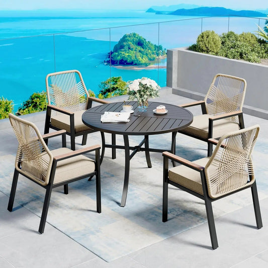 5 Pieces Patio Dining Set, 4 x Woven Rattan Chairs with Waterproof Cushion, 42” Metal Round Dining Table with, Customized