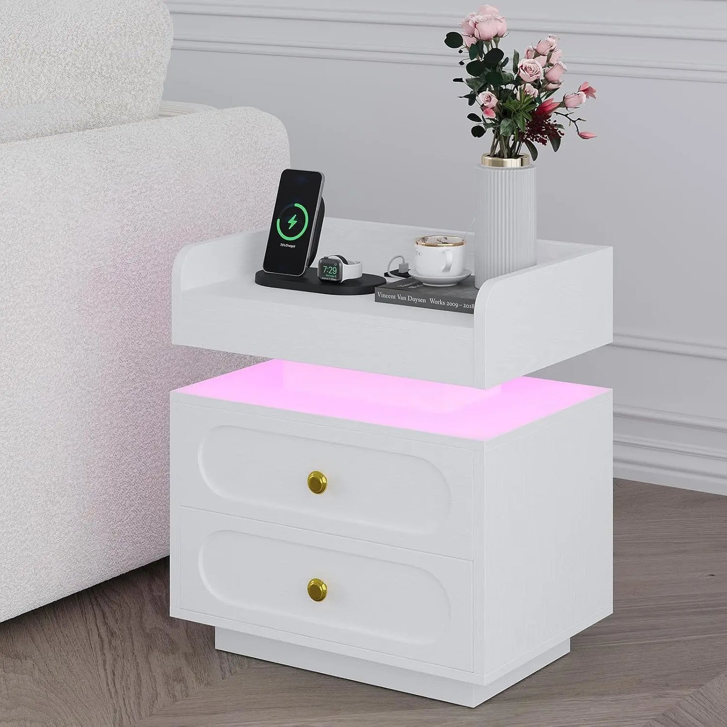 White Nightstand with Adjustable LED Lights and Charging Station Modern Bedside Table with 2 Drawers End Table for, Customized