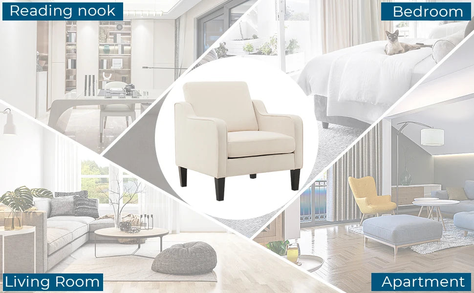 Mid Century Modern Accent Chair, Beige Fabric Accent Chairs for Living Room Upholstered Armchair Sofa with Scooped Arms