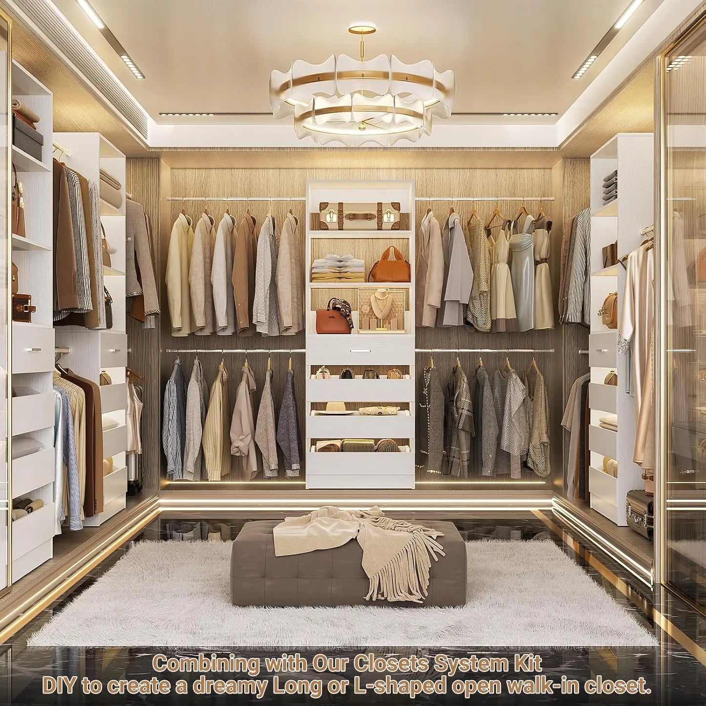 Closet System, 4-9Ft Closet Organizer with 4 Wooden Drawers, Wood Closet Organizer System with Tower, Walk-in, Customized