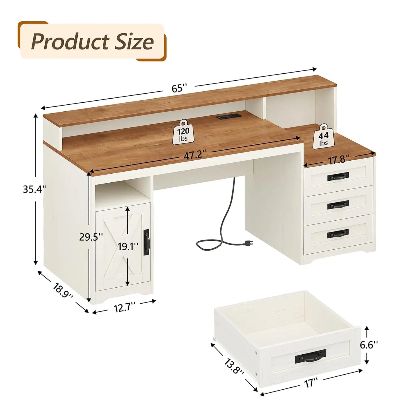 Farmhouse Computer Desk with Drawers, 65'' Home Office Desk with Power Outlets, Storage Cabinet and Printer Stand, Customized