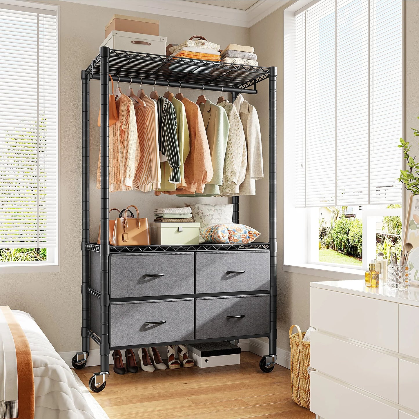 EnHomee Heavy Duty Portable Garment Rack – 4 Drawers & Shelves, Sturdy & Durable – Clothing Hanger for Hanging Clothes