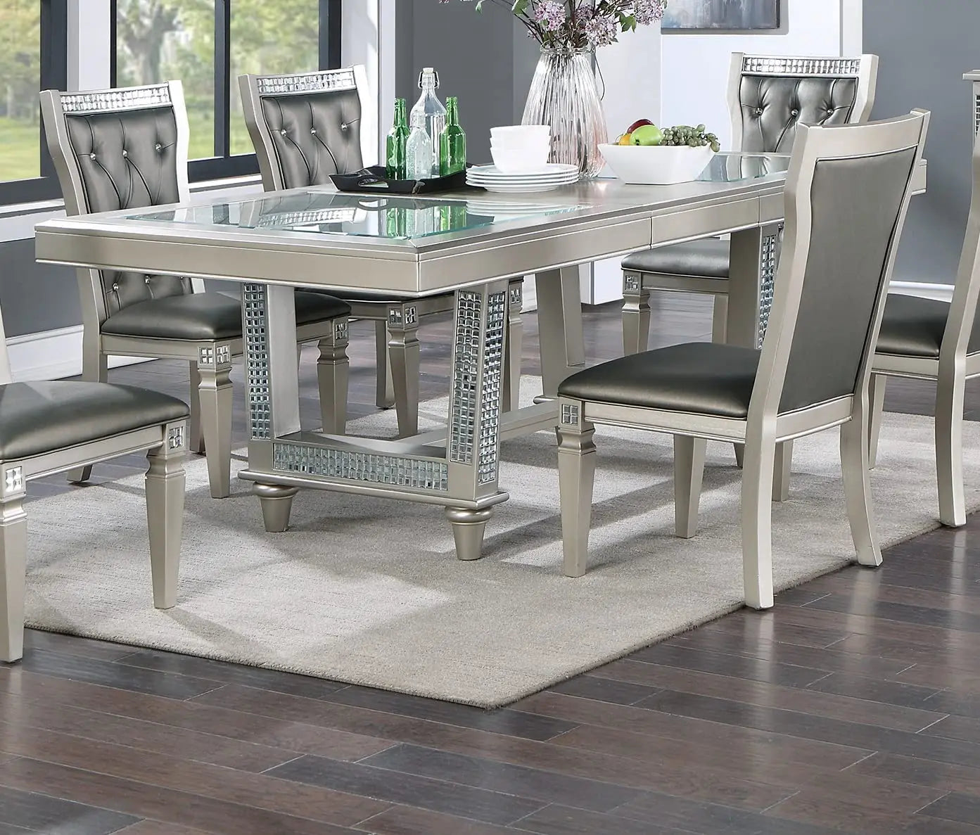 Antique traditional dining table or side chair rectangular table top w glass insert leaf tufted chair kitchen formal