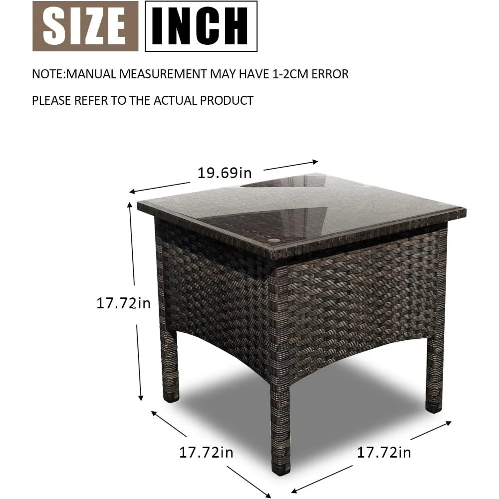 Outdoor Patio Rattan Side Table with Glass Top and Storage for Garden Balcony Porch