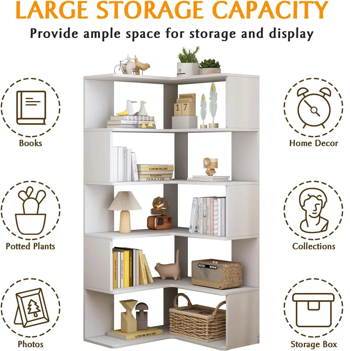 6-Tier L-Shaped Corner Bookshelf - 66" Tall Wooden Freestanding Bookcase with Open Shelf Units, White