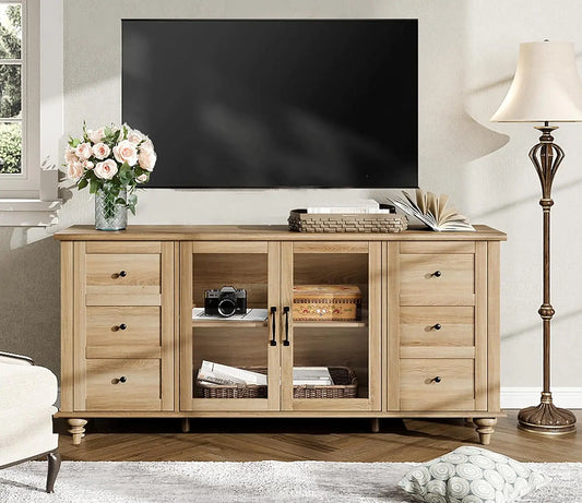 Farmhouse TV Stand for TVs up to 65 Inch Wood Console Table with Storage Cabinets And Glass Door Entertainment Customized