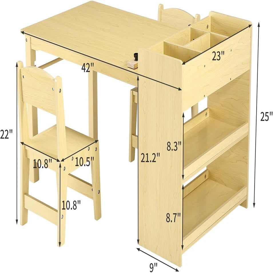Kids Art Table with 2 Chairs, Toddler Craft Play Wood Activity Desk with Large Storage Shelves for Children's Writing Drawing