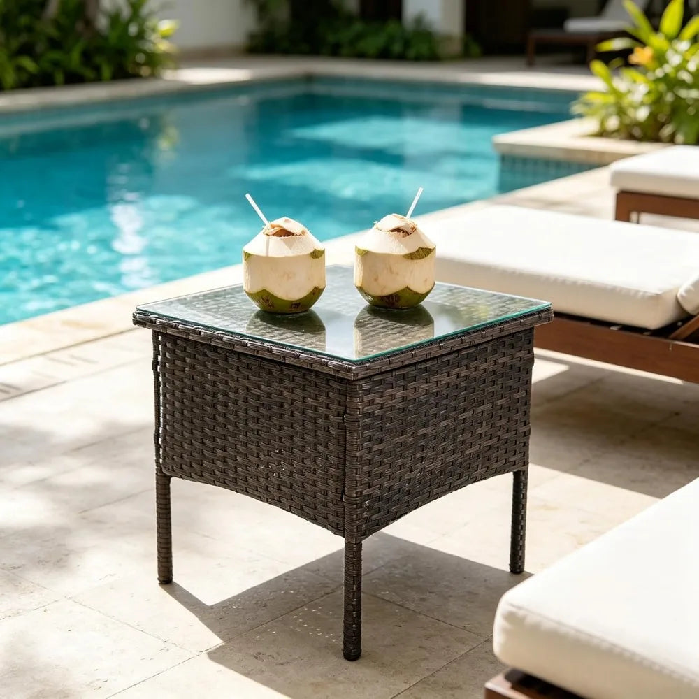 Outdoor Patio Rattan Side Table with Glass Top and Storage for Garden Balcony Porch