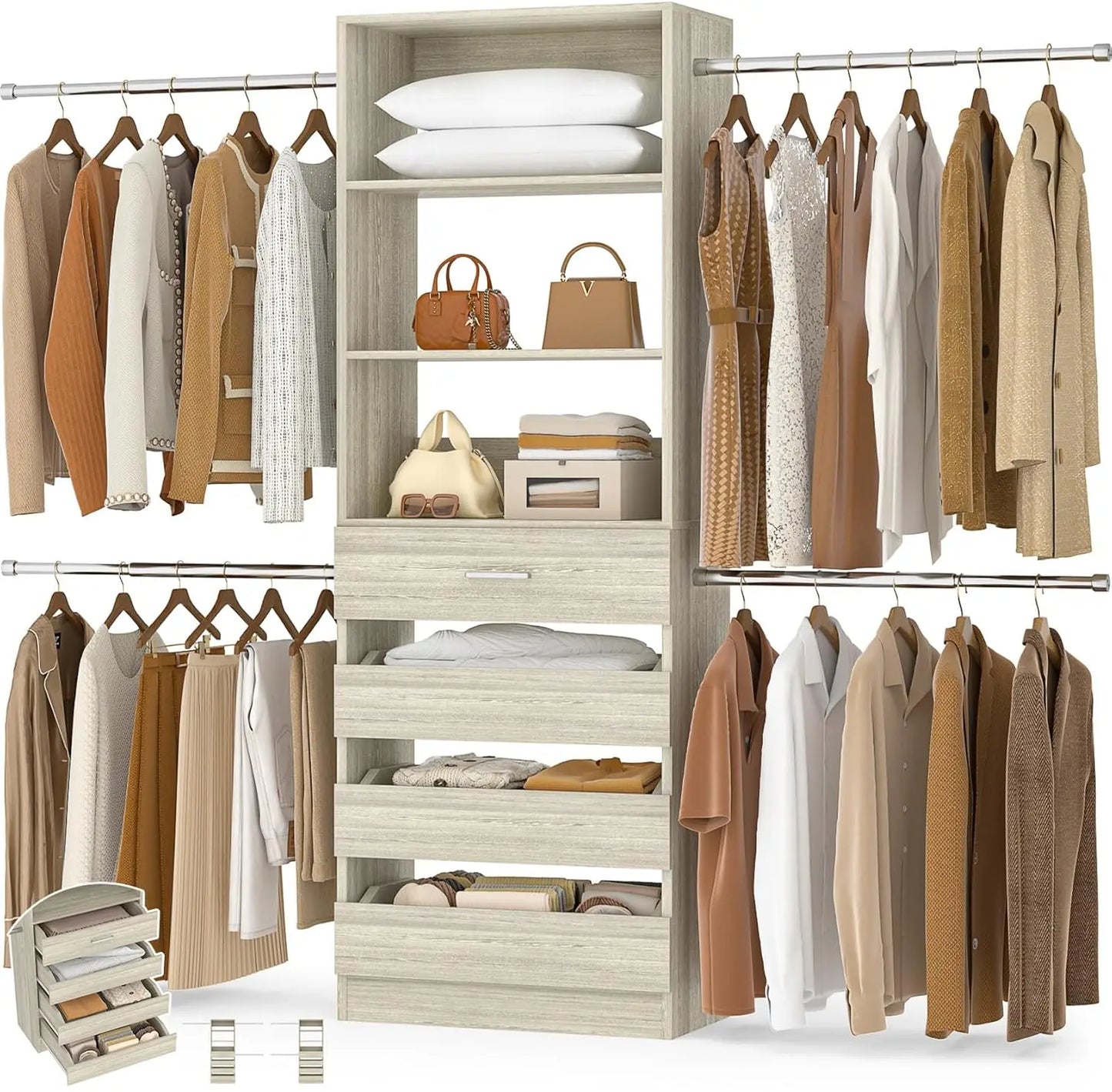 Closet System, 4-9Ft Closet Organizer with 4 Wooden Drawers, Wood Closet Organizer System with Tower, Walk-in, Customized