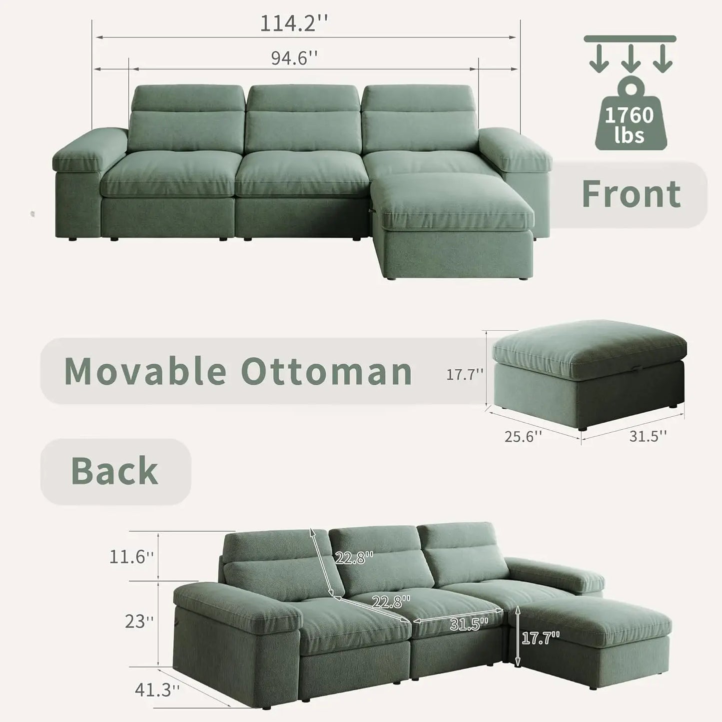 114.2" Cloud Couch Sectional Large Modular Sofa L Shape Sectional Couches with Storage Ottoman and Deep Seatin, Customized