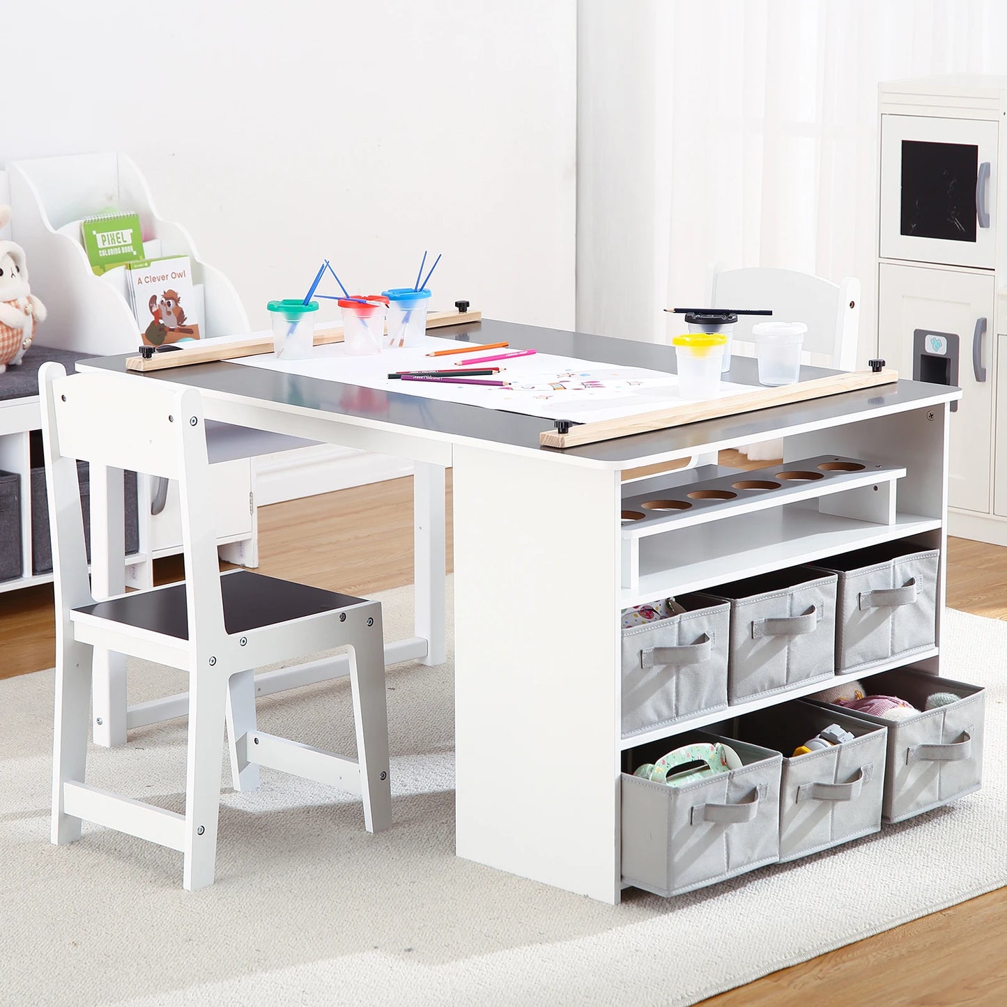 Kids Art Table and 2 Chairs,Toddler Craft and Play Wood Activity Table with Storage Bins, Drawing Desk, Study Table & Crafts for