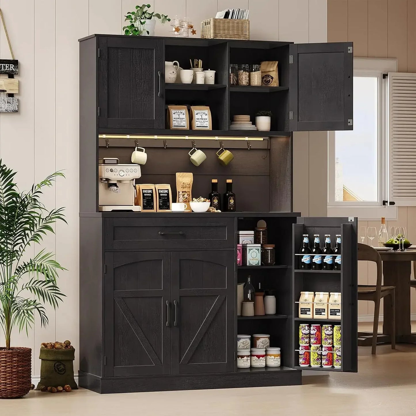 Kitchen Pantry Cabinet with LED Light And Outlet - Storage Hutch with Microwave Shelf And 6 Hooks for Kitchen Customized