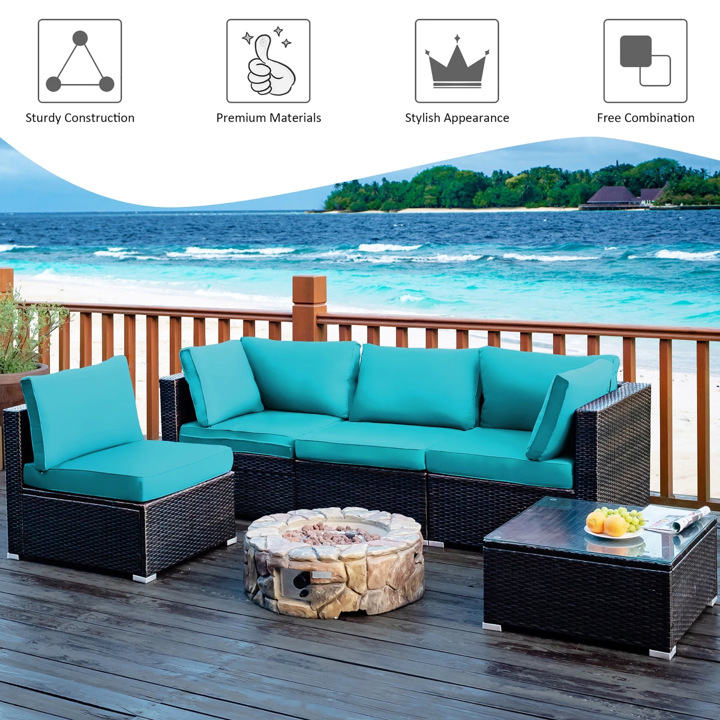 5PCS Patio Rattan Furniture Set Cushioned Sofa Chair TeaTableTurquoise