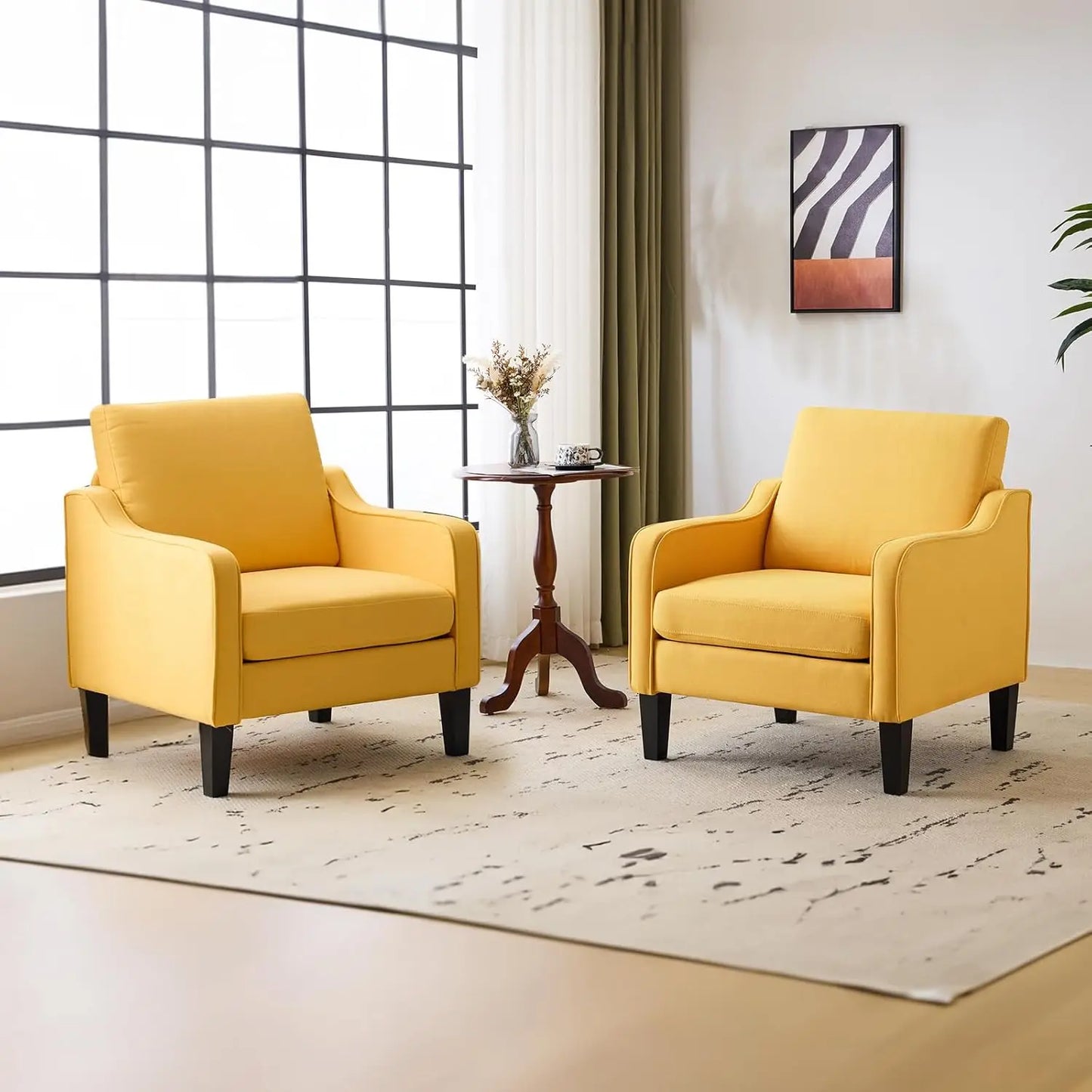 Mid Century Modern Accent Chair, Beige Fabric Accent Chairs for Living Room Upholstered Armchair Sofa with Scooped Arms