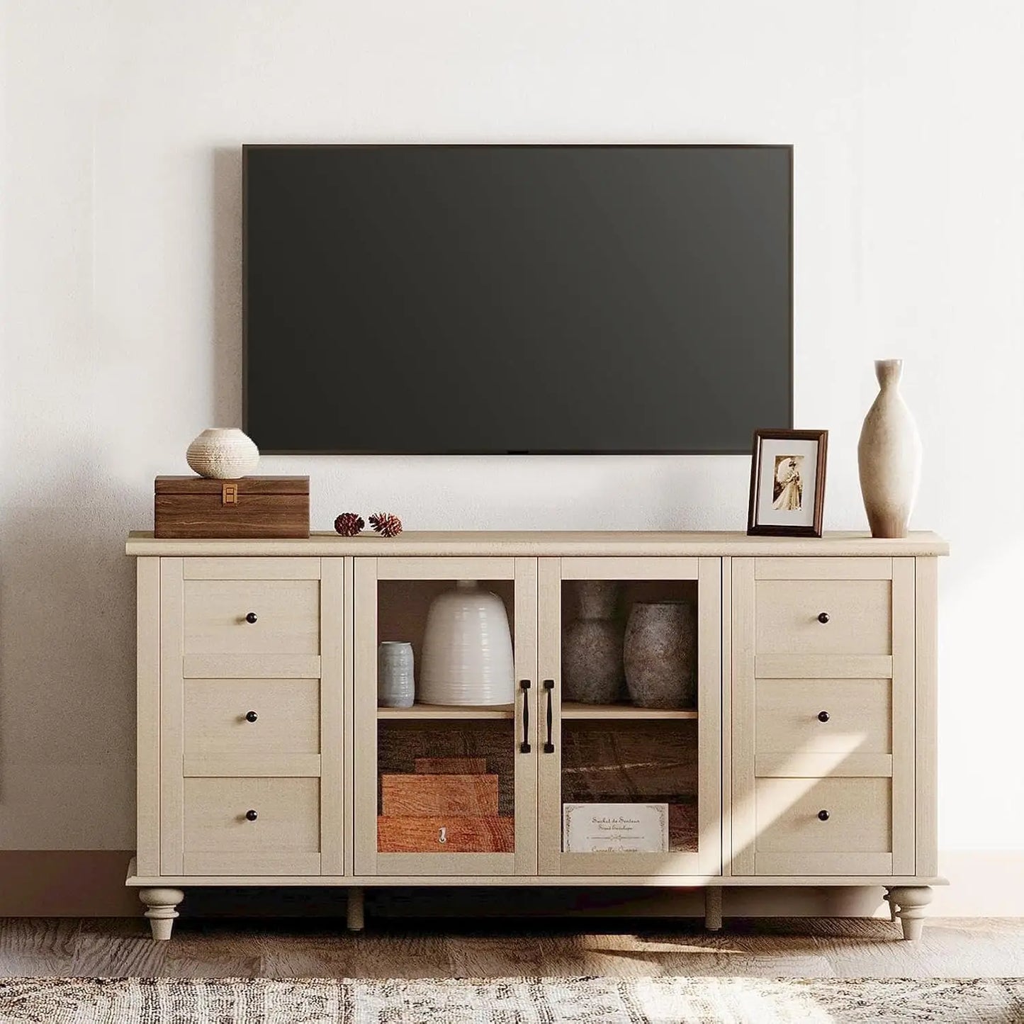 Farmhouse TV Stand for TVs up to 65 Inch Wood Console Table with Storage Cabinets And Glass Door Entertainment Customized