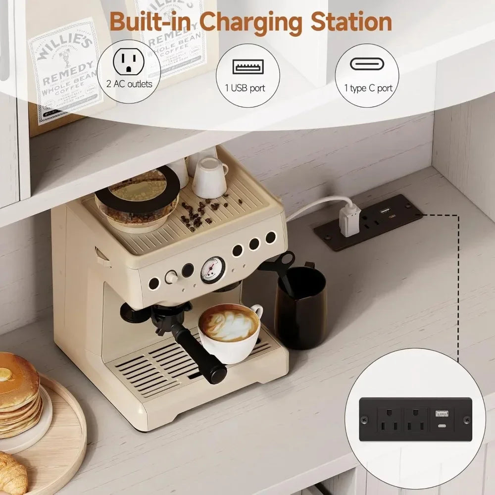 Kitchen Pantry Cabinet with LED Light And Outlet - Storage Hutch with Microwave Shelf And 6 Hooks for Kitchen Customized