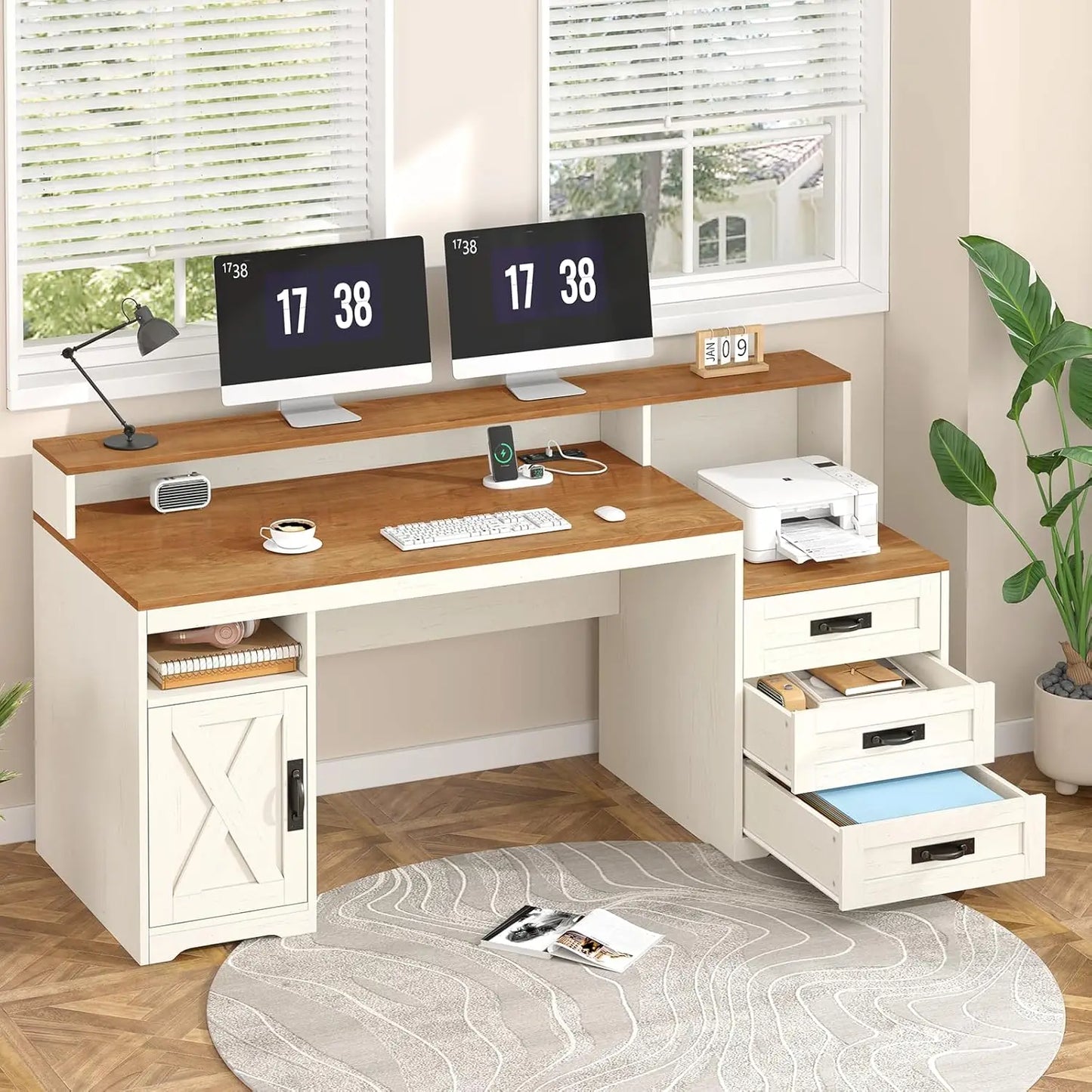 Farmhouse Computer Desk with Drawers, 65'' Home Office Desk with Power Outlets, Storage Cabinet and Printer Stand, Customized