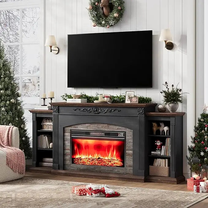 80" Electric Fireplace TV Stand with Mantel, Realistic Stone Surround, 1400W Heater for Rooms Up to 400 Sq Ft