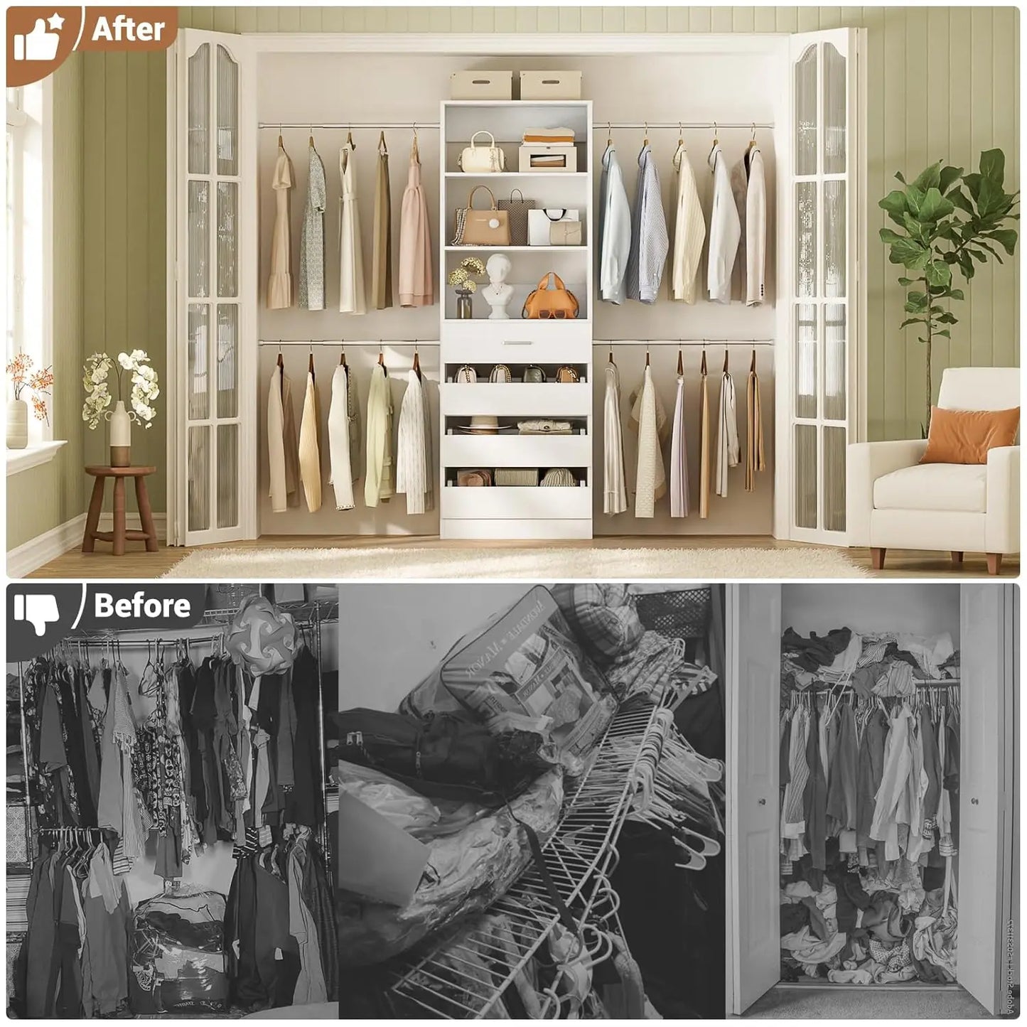 Closet System, 4-9Ft Closet Organizer with 4 Wooden Drawers, Wood Closet Organizer System with Tower, Walk-in, Customized