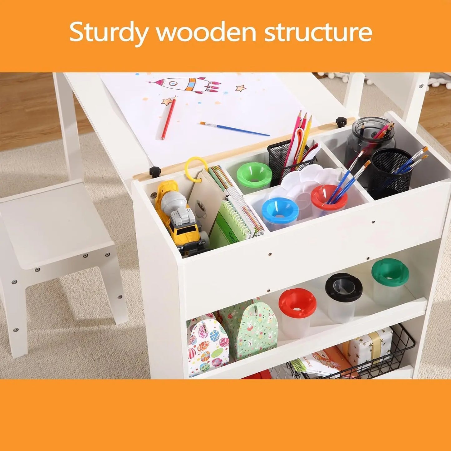 Kids Art Table with 2 Chairs, Toddler Craft Play Wood Activity Desk with Large Storage Shelves for Children's Writing Drawing