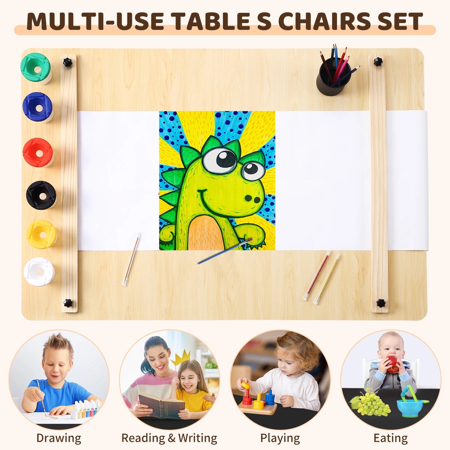Kids Art Table and 2 Chairs,Toddler Craft and Play Wood Activity Table with Storage Bins, Drawing Desk, Study Table & Crafts for