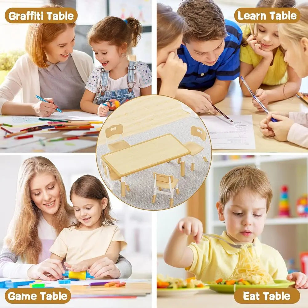 Kids Table and 4 Chairs Set, Height Adjustable Toddler Table and Chair Set, Graiti Desktop, Non-Slip Legs, Max 300lbs, Children