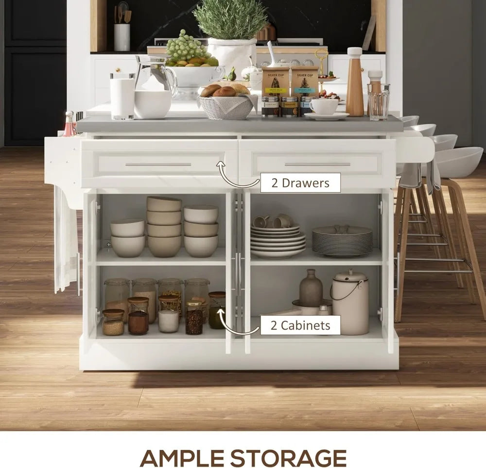 Rolling Kitchen Island Cart with Wheels, Portable Island Table for Kitchen with Stainless Steel Top, Adjustable Shelves
