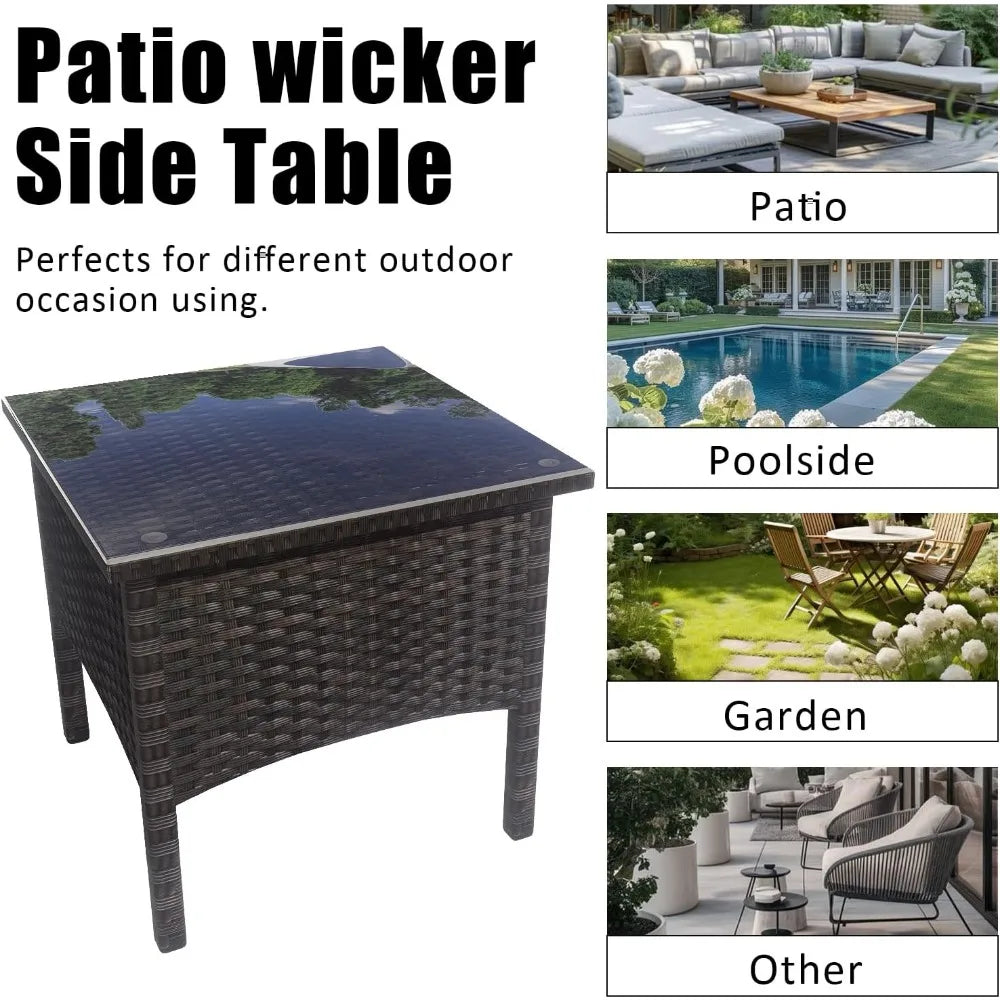 Outdoor Patio Rattan Side Table with Glass Top and Storage for Garden Balcony Porch