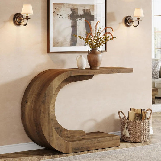 LITTLE TREE 43.3" Modern Console Entryway Table,Farmhouse C-Shaped Rustic Behind Couch Sofa Table for Living Room,Entrance,Foyer